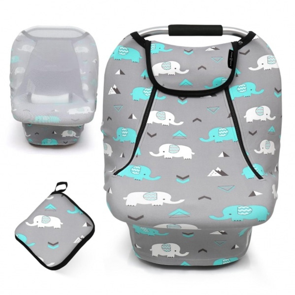 Infant Car Seat Cover With Built-In Carrying Pouch Elephant Print